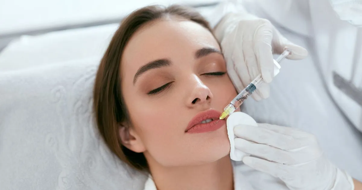 A woman receiving a lip filler injection by a professional in Corpus Christi, TX